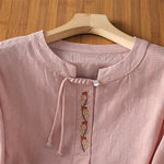 Buddha Stones Summer Boho Tang Style Embroidery Drawstring Solid Women's Short Sleeve Shirts