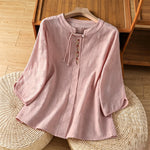 Buddha Stones Summer Boho Tang Style Embroidery Drawstring Solid Women's Short Sleeve Shirts
