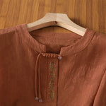 Buddha Stones Summer Boho Tang Style Embroidery Drawstring Solid Women's Short Sleeve Shirts