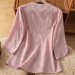 Buddha Stones Summer Boho Tang Style Embroidery Drawstring Solid Women's Short Sleeve Shirts