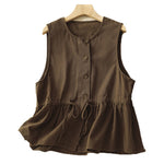 Buddha Stones Summer Casual Vintage Button-Up Drawstring Solid Tank Top Women's Sleeveless Shirts
