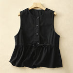 Buddha Stones Summer Casual Vintage Button-Up Drawstring Solid Tank Top Women's Sleeveless Shirts