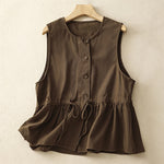 Buddha Stones Summer Casual Vintage Button-Up Drawstring Solid Tank Top Women's Sleeveless Shirts