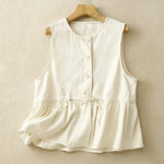 Buddha Stones Summer Casual Vintage Button-Up Drawstring Solid Tank Top Women's Sleeveless Shirts