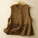 Buddha Stones Summer Casual Vintage Button-Up Drawstring Solid Tank Top Women's Sleeveless Shirts