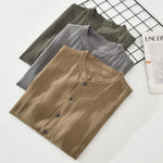 Buddha Stones Summer Vintage Mandarin Collar Button Up Solid Men's Short Sleeve Shirts With Pockets
