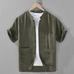 Buddha Stones Summer Vintage Mandarin Collar Button Up Solid Men's Short Sleeve Shirts With Pockets