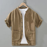 Buddha Stones Summer Vintage Mandarin Collar Button Up Solid Men's Short Sleeve Shirts With Pockets