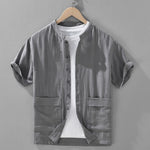 Buddha Stones Summer Vintage Mandarin Collar Button Up Solid Men's Short Sleeve Shirts With Pockets