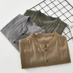 Buddha Stones Summer Vintage Mandarin Collar Button Up Solid Men's Short Sleeve Shirts With Pockets