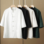 Buddha Stones Summer Tang Style Casual Mandarin Collar Frog Button Solid Men's Elbow-Length Sleeve Shirts With Pockets