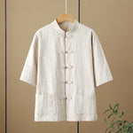 Buddha Stones Summer Tang Style Casual Mandarin Collar Frog Button Solid Men's Elbow-Length Sleeve Shirts With Pockets
