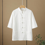Buddha Stones Summer Tang Style Casual Mandarin Collar Frog Button Solid Men's Elbow-Length Sleeve Shirts With Pockets