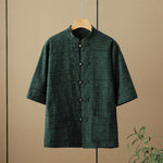 Buddha Stones Summer Tang Style Casual Mandarin Collar Frog Button Solid Men's Elbow-Length Sleeve Shirts With Pockets