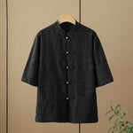 Buddha Stones Summer Tang Style Casual Mandarin Collar Frog Button Solid Men's Elbow-Length Sleeve Shirts With Pockets