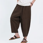 Buddha Stones Summer Casual Drawstring Solid Cotton Linen Capri Pants Men's Harem Pants With Pockets