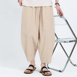 Buddha Stones Summer Casual Drawstring Solid Cotton Linen Capri Pants Men's Harem Pants With Pockets