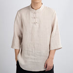 Buddha Stones Summer Tang Style Mandarin Collar Frog Button Solid Men's Three-Quarter Sleeve Shirts