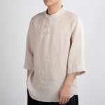 Buddha Stones Summer Tang Style Mandarin Collar Frog Button Solid Men's Three-Quarter Sleeve Shirts