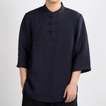Buddha Stones Summer Tang Style Mandarin Collar Frog Button Solid Men's Three-Quarter Sleeve Shirts