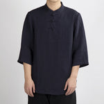 Buddha Stones Summer Tang Style Mandarin Collar Frog Button Solid Men's Three-Quarter Sleeve Shirts
