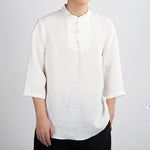 Buddha Stones Summer Tang Style Mandarin Collar Frog Button Solid Men's Three-Quarter Sleeve Shirts