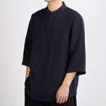 Buddha Stones Summer Tang Style Mandarin Collar Frog Button Solid Men's Three-Quarter Sleeve Shirts