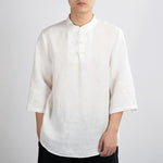 Buddha Stones Summer Tang Style Mandarin Collar Frog Button Solid Men's Three-Quarter Sleeve Shirts