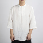 Buddha Stones Summer Tang Style Mandarin Collar Frog Button Solid Men's Three-Quarter Sleeve Shirts