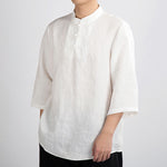 Buddha Stones Summer Tang Style Mandarin Collar Frog Button Solid Men's Three-Quarter Sleeve Shirts