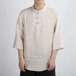 Buddha Stones Summer Tang Style Mandarin Collar Frog Button Solid Men's Three-Quarter Sleeve Shirts