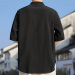 Buddha Stones Summer Tang Style Mandarin Collar Embroidery Solid Men's Short Sleeve Shirts