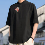 Buddha Stones Summer Tang Style Mandarin Collar Embroidery Solid Men's Short Sleeve Shirts