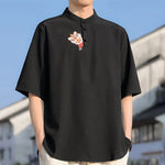 Buddha Stones Summer Tang Style Mandarin Collar Embroidery Solid Men's Short Sleeve Shirts