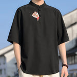 Buddha Stones Summer Tang Style Mandarin Collar Embroidery Solid Men's Short Sleeve Shirts