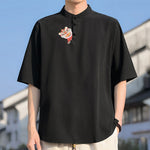 Buddha Stones Summer Tang Style Mandarin Collar Embroidery Solid Men's Short Sleeve Shirts