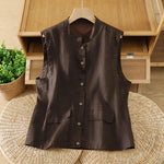 Buddha Stones Summer Tang Style Minimalist Mandarin Collar Button-Up Solid Women's Sleeveless Shirts Tank Top With Pocket
