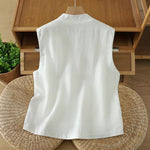 Buddha Stones Summer Tang Style Minimalist Mandarin Collar Button-Up Solid Women's Sleeveless Shirts Tank Top With Pocket
