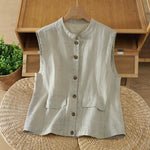 Buddha Stones Summer Tang Style Minimalist Mandarin Collar Button-Up Solid Women's Sleeveless Shirts Tank Top With Pocket