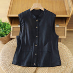 Buddha Stones Summer Tang Style Minimalist Mandarin Collar Button-Up Solid Women's Sleeveless Shirts Tank Top With Pocket