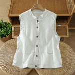 Buddha Stones Summer Tang Style Minimalist Mandarin Collar Button-Up Solid Women's Sleeveless Shirts Tank Top With Pocket