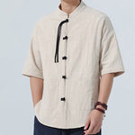 Buddha Stones Summer Tang Style Casual Mandarin Collar Frog Button Solid Men's Elbow-Length Sleeve Shirts With Pocket