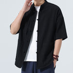 Buddha Stones Summer Tang Style Casual Mandarin Collar Frog Button Solid Men's Elbow-Length Sleeve Shirts With Pocket
