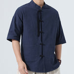 Buddha Stones Summer Tang Style Casual Mandarin Collar Frog Button Solid Men's Elbow-Length Sleeve Shirts With Pocket