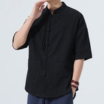 Buddha Stones Summer Tang Style Casual Mandarin Collar Frog Button Solid Men's Elbow-Length Sleeve Shirts With Pocket