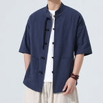 Buddha Stones Summer Tang Style Casual Mandarin Collar Frog Button Solid Men's Elbow-Length Sleeve Shirts With Pocket