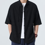 Buddha Stones Summer Tang Style Casual Mandarin Collar Frog Button Solid Men's Elbow-Length Sleeve Shirts With Pocket