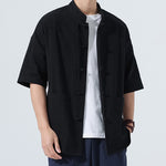 Buddha Stones Summer Tang Style Casual Mandarin Collar Frog Button Solid Men's Elbow-Length Sleeve Shirts With Pocket