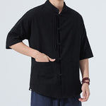 Buddha Stones Summer Tang Style Casual Mandarin Collar Frog Button Solid Men's Elbow-Length Sleeve Shirts With Pocket