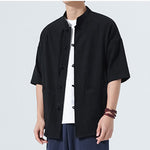 Buddha Stones Summer Tang Style Casual Mandarin Collar Frog Button Solid Men's Elbow-Length Sleeve Shirts With Pocket
